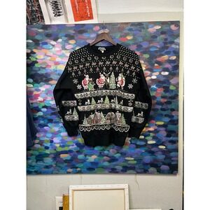 Vintage Skylite Mens Christmas Sweatshirt Black Puff Print Santa Reindeer USA M